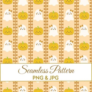 Seamless Kawaii Pumpkin Pattern JPG PNG, Cute Ghost Bow Digital Paper, Yellow Halloween Stripe Fabric Design, Spooky Commercial Art