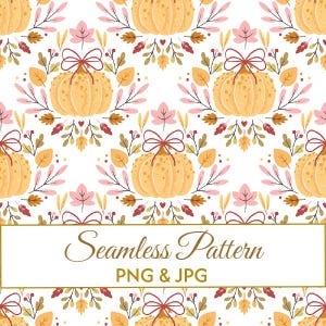Seamless Coquette Pumpkin Bow Pattern JPG PNG, Pink Halloween Digital Paper, Fall Botanical Wreath Fabric Design, Autumn Commercial Art