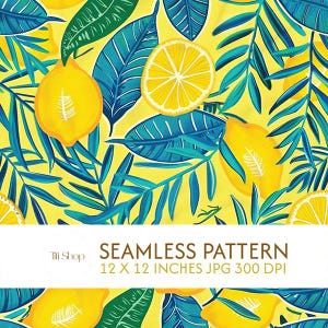 Puede incluir: Un patrón sin costuras con limones amarillos y rodajas de limón intercaladas con hojas tropicales de color verde azulado oscuro sobre un fondo amarillo brillante. Una franja blanca muestra el texto Titi Shop SEAMLESS PATTERN 12 X 12 INCHES JPG 300 DPI.