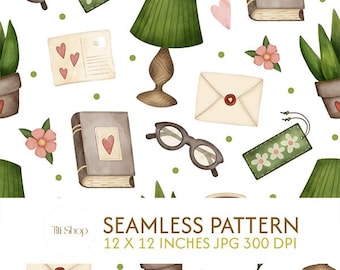 Seamless Book Lover Pattern, Cozy Reading Watercolor Digital Paper, Bookish Aesthetic Fabric, Bibliophile Stationery Art, Commercial Use