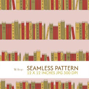 Puede incluir: Patrón sin costuras con filas de libros ilustrados en rojo, amarillo y verde sobre un fondo rosa claro. Los libros tienen diseños florales y geométricos decorativos. También se ve el texto "SEAMLESS PATTERN 12 X 12 INCHES JPG 300 DPI".