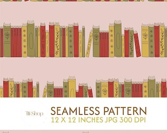 Book Lover Seamless Pattern, Library Bookshelf Digital Paper, Bibliophile Reader Aesthetic Fabric Design, Bookish Stationery Art Commercial