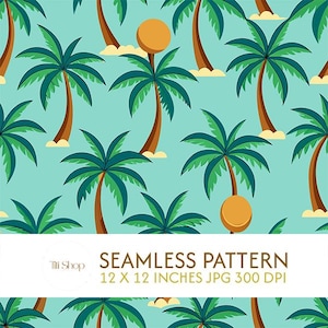 Puede incluir: Patrón sin costuras con palmeras estilizadas en tonos verdes y marrones sobre un fondo azul claro. El diseño incluye un patrón repetitivo de palmeras con detalles en naranja. Se muestra el texto "SEAMLESS PATTERN 12 X 12 INCHES JPG 300 DPI".