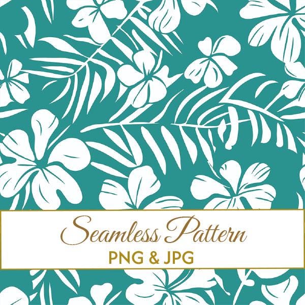 Seamless Hawaiian Pattern, Teal Tropical Hibiscus Digital Paper, Minimalist Palm Leaf Fabric Design, Summer Commercial Use Art JPG PNG
