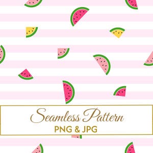 Puede incluir: Patrón sin costuras con rodajas de sandía rosas, amarillas y verdes, sobre un fondo blanco con rayas rosas. El texto "Seamless Pattern PNG & JPG" se muestra en un marco dorado.