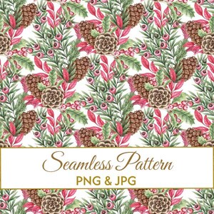 Seamless Pink Berry Watercolor Pattern JPG PNG, Christmas Holly Paper, Pinecone Botanical Fabric Design, Holiday Commercial Use Art