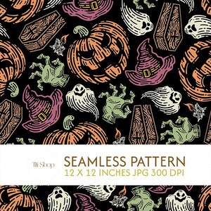 Puede incluir: Un patrón sin costuras con calabazas naranjas, sombreros de bruja morados, manos de zombi verdes, fantasmas blancos y ataúdes sobre un fondo negro. El texto dice: Titi Shop SEAMLESS PATTERN 12 X 12 INCHES JPG 300 DPI.