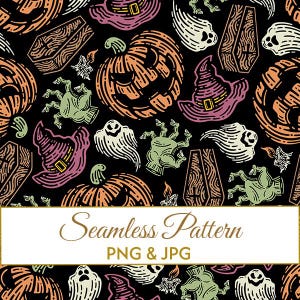 Puede incluir: Un patrón continuo con calabazas naranjas, sombreros de bruja morados, manos de zombi verdes, fantasmas blancos, ataúdes y velas sobre un fondo negro. El texto "Seamless Pattern PNG & JPG" aparece centrado en un recuadro blanco.