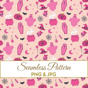 Seamless Pink Halloween Pattern JPG PNG, Soft Pastel Spooky Digital Paper, Kawaii Witch Cauldron Fabric Design, Cute Kids Commercial Art