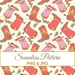 Puede incluir: Un patrón continuo con ilustraciones repetidas de botas vaqueras en tonos rosa, rojo y verde, acentuadas con estrellas amarillas y pequeñas ramas de hojas sobre un fondo crema. El texto Seamless Pattern PNG & JPG está centrado.