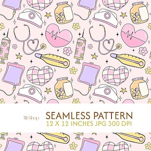 Nurse Seamless Pattern, Kawaii Medical Aesthetic Digital Paper, Pink Scrub Fabric Design, Cute Stethoscope & Hospital Doodles Commercial Use