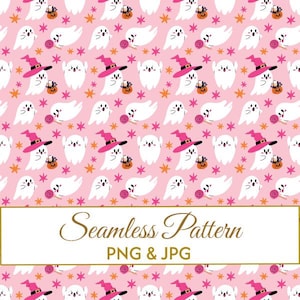 Seamless Cute Pastel Spooky Pattern JPG PNG,  Pink Halloween Ghost Digital Paper, Kawaii Witch Ghost Fabric Design, Kids Commercial Use Art