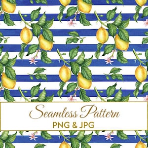 Puede incluir: Un patrón continuo con limones amarillos, hojas verdes y pequeñas flores rosas sobre un fondo de rayas horizontales azules y blancas. El texto Seamless Pattern PNG & JPG aparece centrado dentro de un recuadro blanco.