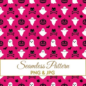 Seamless Hot Pink Halloween Pattern JPG PNG, Bright Ghost Pumpkin Digital Paper, Cute Black Cat Spooky Fabric Design, Commercial Use Art