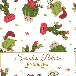 Puede incluir: Un patrón continuo con cactus de dibujos animados con caras, algunos con gorros de Papá Noel o decorados con luces navideñas y flores de pascua, sobre un fondo blanco con estrellas. El texto Seamless Pattern PNG & JPG está centrado.
