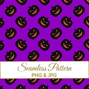 Puede incluir: Un patrón continuo de calabazas negras con ojos y bocas de color naranja brillante sobre un fondo morado vibrante. Una franja blanca horizontal en el centro muestra el texto Seamless Pattern PNG & JPG.