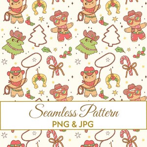 Puede incluir: Un patrón continuo con figuras de pan de jengibre con sombreros de vaquero y pañuelos, árboles de Navidad, bastones de caramelo y herraduras sobre un fondo crema. El texto Seamless Pattern PNG & JPG aparece centrado en un recuadro blanco.