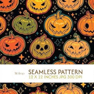 Puede incluir: Un patrón continuo con calabazas de Halloween naranjas y verdes con diversas expresiones faciales sobre un fondo negro con pequeñas estrellas. Una franja blanca horizontal muestra el texto Titi Shop SEAMLESS PATTERN 12 X 12 INCHES JPG 300 DPI.