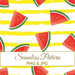 Seamless Watermelon Pattern, Yellow Watercolor Stripe Summer Fruit Digital Paper, Cute Slice Fabric Design, Commercial Use Art JPG PNG