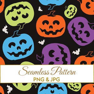Puede incluir: Un patrón continuo con fondo negro que muestra calabazas de Halloween en naranja, verde lima, morado y azul, intercaladas con pequeños murciélagos blancos. Un recuadro blanco contiene el texto Seamless Pattern PNG & JPG.