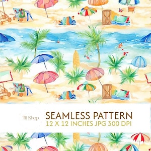 Puede incluir: Patrón sin costuras de acuarela que representa una escena de playa con sombrillas de colores, palmeras y tumbonas. El diseño incluye el texto "SEAMLESS PATTERN" y las dimensiones "12 x 12 pulgadas JPG 300 DPI".