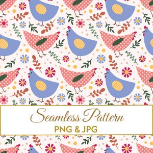 Puede incluir: Un patrón continuo con ilustraciones repetidas de gallinas azules con alas amarillas y gallinas rosas de lunares con alas verdes, intercaladas con pequeñas flores rojas y azules, hojas verdes y puntos amarillos. El texto dice Seamless Pattern PNG & JPG.