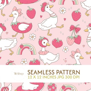 Puede incluir: Patrón sin costuras con gansos de dibujos animados con acentos de fresas, lazos y boinas, junto con fresas, arcoíris y flores sobre un fondo rosa. El texto dice "SEAMLESS PATTERN 12 X 12 INCHES JPG 300 DPI".