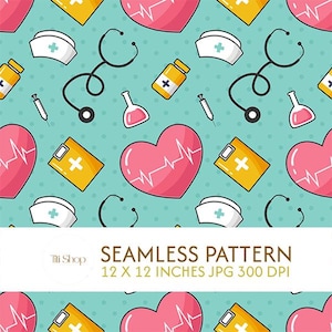 Puede incluir: Patrón sin costuras con símbolos médicos como corazones con líneas de ECG, estetoscopios, gorros de enfermera, frascos de medicamentos y jeringas sobre un fondo turquesa con lunares blancos. El texto dice "SEAMLESS PATTERN 12 X 12 INCHES JPG 300 DPI".