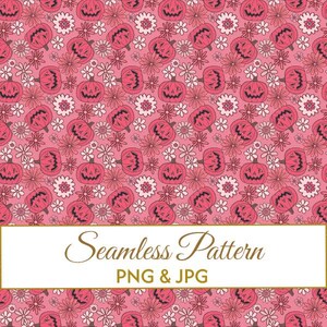 Motif floral marguerite rétro années 70 sans raccord (JPG/PNG), papier numérique rose d'Halloween, motif citrouille effrayant pour tissu, illustration commerciale mignonne