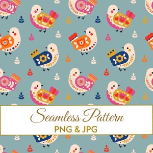 Puede incluir: Un patrón continuo con aves estilizadas en tonos rosa, naranja, amarillo y azul sobre un fondo azul apagado, intercaladas con pequeñas ramitas florales. Una franja rectangular blanca muestra el texto Seamless Pattern PNG & JPG.