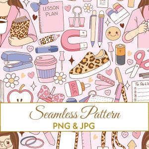 Puede incluir: Un patrón sin costuras en rosa con útiles escolares y de oficina. El diseño incluye un zapato con estampado de leopardo, un cuaderno y un bolígrafo, junto con una taza de café, una grapadora y el texto "Seamless Pattern PNG & JPG".