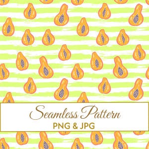 Puede incluir: Patrón sin costuras con mitades de papaya naranja con semillas negras, sobre un fondo de rayas horizontales verdes claras y blancas. El texto "Seamless Pattern PNG & JPG" se muestra en un rectángulo blanco.