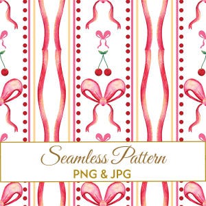 Puede incluir: Patrón sin costuras con un diseño repetitivo de lazos rosas, cerezas y rayas verticales. El fondo es blanco con detalles dorados y rosas. El texto "Seamless Pattern" se muestra en una fuente dorada, con "PNG & JPG" debajo.
