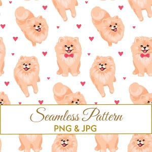Puede incluir: Un patrón continuo con ilustraciones repetidas de perros Pomerania de color naranja claro con pelaje esponjoso, algunos con pequeñas pajaritas rojas, intercaladas con diminutos corazones rojos sobre un fondo blanco. El texto Seamless Pattern PNG & JPG es visible.