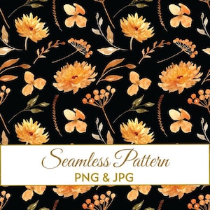 Seamless Autumn Floral Pattern JPG PNG, Black Fall Flowers Digital Paper, Moody Botanical Fabric Design, Thanksgiving Commercial Use Art