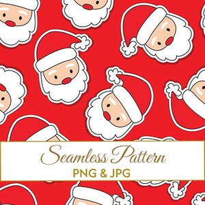 Puede incluir: Patrón sin costuras con caras de Papá Noel sobre un fondo rojo. Cada Papá Noel tiene un gorro rojo, barba blanca y mejillas rosadas. El diseño incluye el texto "Seamless Pattern PNG & JPG" en una pancarta dorada.