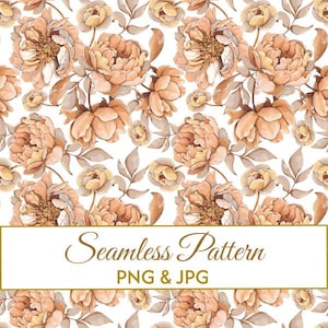 Seamless Autumn Floral Pattern JPG PNG, Watercolor Fall Peony Digital Paper, Muted Beige Peach Flower Fabric Design, Commercial Use Art
