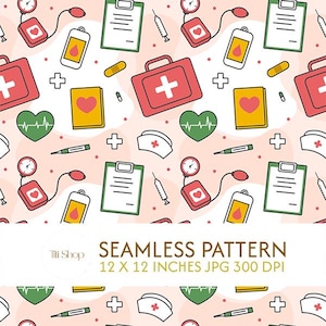Nurse Life Seamless Pattern, Colorful Medical Digital Paper, Cute Hospital Doodle Scrub Fabric Design, Nursing School Art Commercial Use