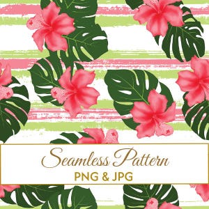 Puede incluir: Un patrón sin costuras con flores de hibisco rosa vibrante y hojas de monstera verde oscuro sobre rayas horizontales de pinceladas en verde claro y rosa. Un recuadro blanco contiene el texto Seamless Pattern PNG & JPG.