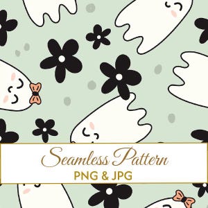 Padrão verde sálvia sem emendas em JPG e PNG, Fantasma fofo com laço em papel digital, Design de tecido floral descolado para o Halloween, Arte assustadora para uso comercial