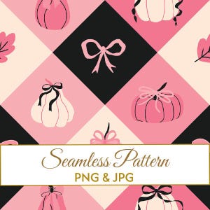 May include: A seamless pattern featuring a diamond grid in black, light pink, and cream. The design includes illustrations of pumpkins and bows in pink and black, with a white rectangular overlay containing the text Seamless Pattern PNG & JPG.