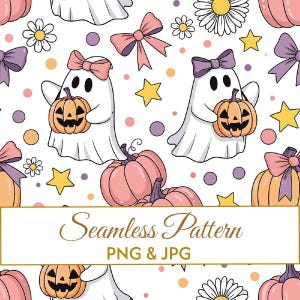 Nahtloses, niedliches Geistermuster mit Schleife (JPG/PNG), digitales Papier mit rosa Kürbis, verspieltes Pastell-Halloween-Stoffdesign, gruselige Werbegrafik