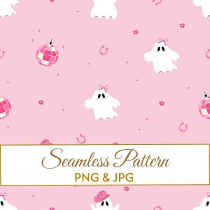 Seamless Pink Disco Ghost Pattern JPG PNG, Cute with Bow Digital Paper, Western Halloween Fabric Design, Spooky Commercial Art