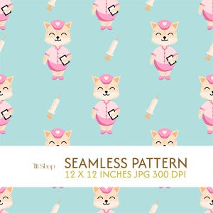 May include: A seamless pattern with cartoon nurse fox characters in pink uniforms and caps, holding clipboards, and syringes on a light blue backdrop. The pattern includes the text "SEAMLESS PATTERN 12 X 12 INCHES JPG 300 DPI".