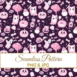 May include: A seamless pattern featuring a dark purple background with repeating light pink ghosts, jack-o'-lanterns, and small stars. The image includes a white rectangular overlay with the text Seamless Pattern PNG & JPG.