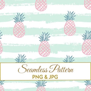 Puede incluir: Patrón sin costuras con piñas rosas con copas azul-verdosas sobre un fondo de rayas blancas y celeste claro. Las palabras "Seamless Pattern" se muestran en un rectángulo dorado, con "PNG & JPG" debajo.