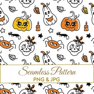 Puede incluir: Un patrón sin costuras con un diseño repetitivo de Halloween sobre fondo blanco. La ilustración incluye calabazas naranjas y amarillas, fantasmas blancos, calaveras negras con lazos, arañas naranjas, ratas negras, velas, estrellas y hojas.
