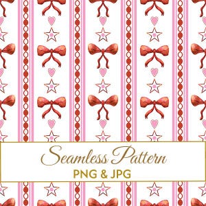 Puede incluir: Diseño de patrón sin costuras con rayas verticales en blanco, rosa y rojo. El patrón incluye lazos, corazones y estrellas de acuarela. El texto "Seamless Pattern PNG & JPG" se muestra en una pancarta dorada en la parte inferior.