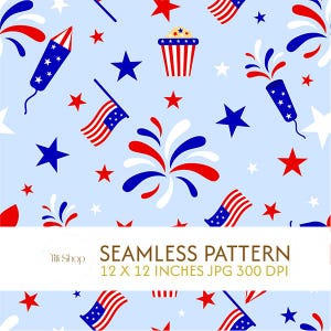 Puede incluir: Patrón sin costuras con elementos patrióticos sobre un fondo azul claro. Presenta estrellas, fuegos artificiales, banderas y petardos rojos, blancos y azules. Se muestra el texto "SEAMLESS PATTERN".