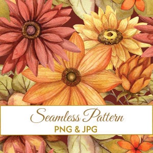 Seamless Autumn Floral Pattern JPG PN, Watercolor Fall Flowers Digital Paper, Terracotta Botanical Fabric Design, Commercial Use Art